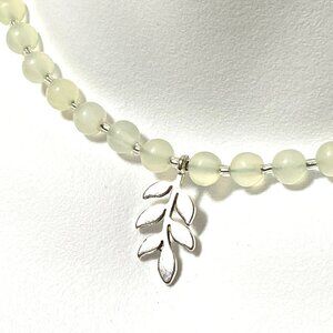 Genuine Gemstone Pale Green Prehnite Silver Leaf Branch Beaded Necklace